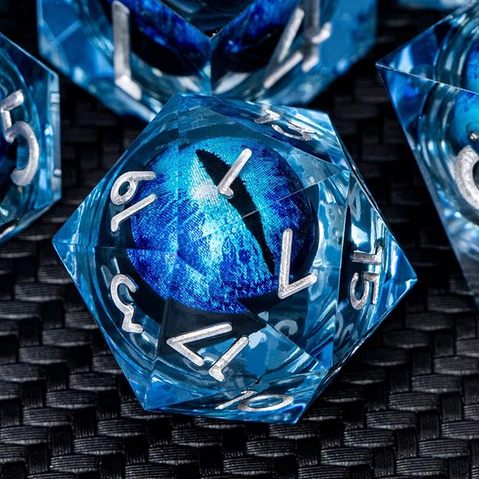 ARUOHHA DND Resin Dice Dragon Eye Dice Liquid Core Blue Sharp Edged Dice Set with Gift Box, Dungeons Polyhedral D and D Dice Set Compatible with D&D Role Playing Game D20 D12 D10 D8 D6 D4