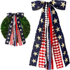 Large Patriotic Star Ribbon Bow for Wreath, Red White Buffalo Plaid Fabric Ribbons Set Assorted Lace Ribbon 4th of July Clip-On Wreath Sash Ribbons Bundle for Patriotic Indoor Outdoor Decor
