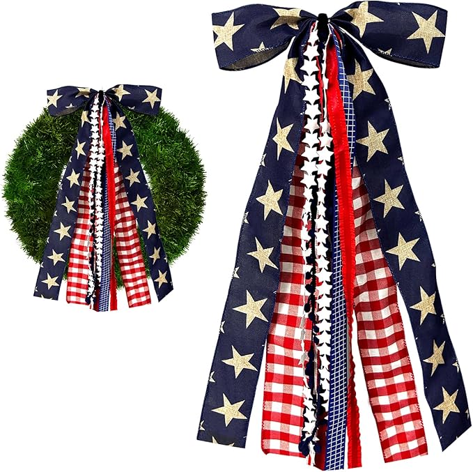 Large Patriotic Star Ribbon Bow for Wreath, Red White Buffalo Plaid Fabric Ribbons Set Assorted Lace Ribbon 4th of July Clip-On Wreath Sash Ribbons Bundle for Patriotic Indoor Outdoor Decor