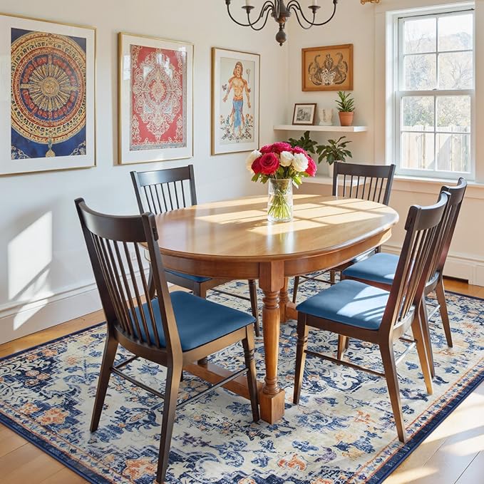 Lahome Large Area Rug 5x7 Washable Bohemian Rug for Bedroom Living Room, Medallion Non Slip Non Shedding Low Pile Printed Accent Indoor Floor Carpet for Dining Room Office Playroom, Blue Purple/Multi