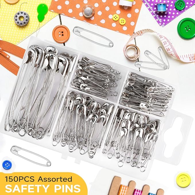 Huhuhero 150Pcs Safety Pins, Large & Small Safety Pins for Clothes Sewing Craft, Nickel Plated Steel Assorted Size Pins Bulk, Art and Craft Supplies (Sliver)