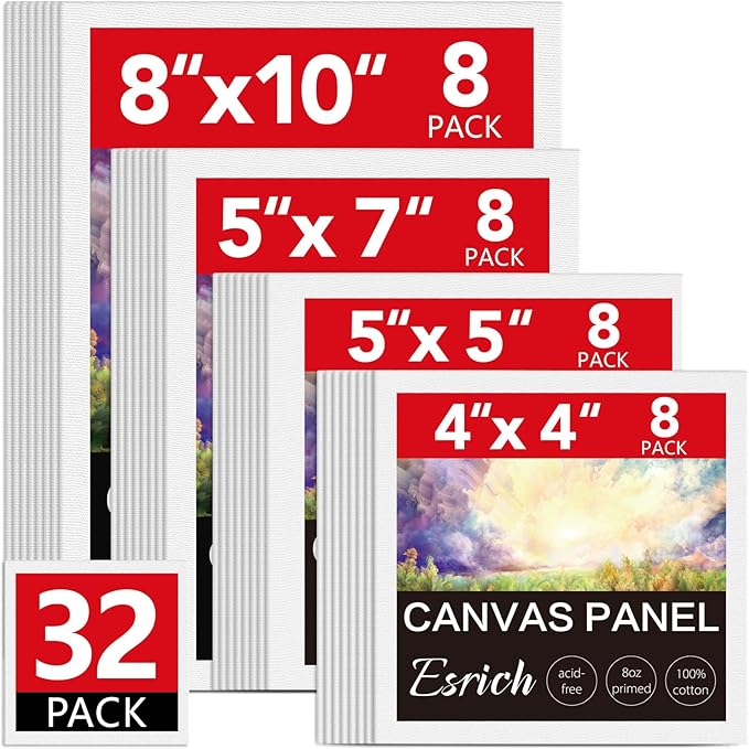ESRICH Canvas for Painting, 32 Pack Multi-Size Canvas Boards for Painting 8pcs of Each 4x4, 5x5, 5x7, 8x10 Blank Canvases-Cotton Primed Painting Canvas Panels for Adult & Kids for Acrylic Oil Paint