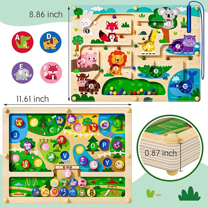 2 in 1 Magnetic Color and Number Maze Magnet Alphabet Counting Double Sided Board Wood Puzzle Fine Motor Skills Montessori Preschool Toys Gifts for Boys and Girls 3-5 Age (Zoo, One Size)