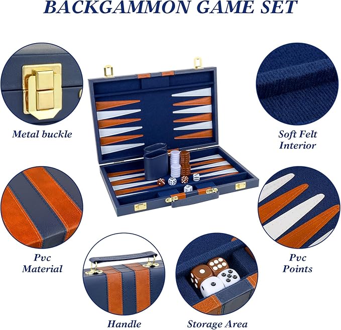 Backgammon Set 2 Players Classic Backgammon Sets for Adults Board Game with PU Leather Case Portable and Travel Backgammon Set (Navy, 15inch)