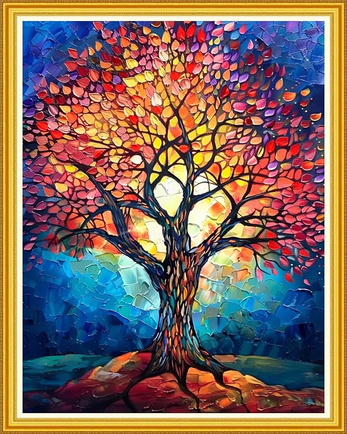 Magxvouy Cross Stitch Kits Stamped Full Range of Embroidery Kits,Cross Stitch Patterns Needlework Kits for Beginners 11CT Printed Kits&Colorful Luminous Tree 16x20 inch