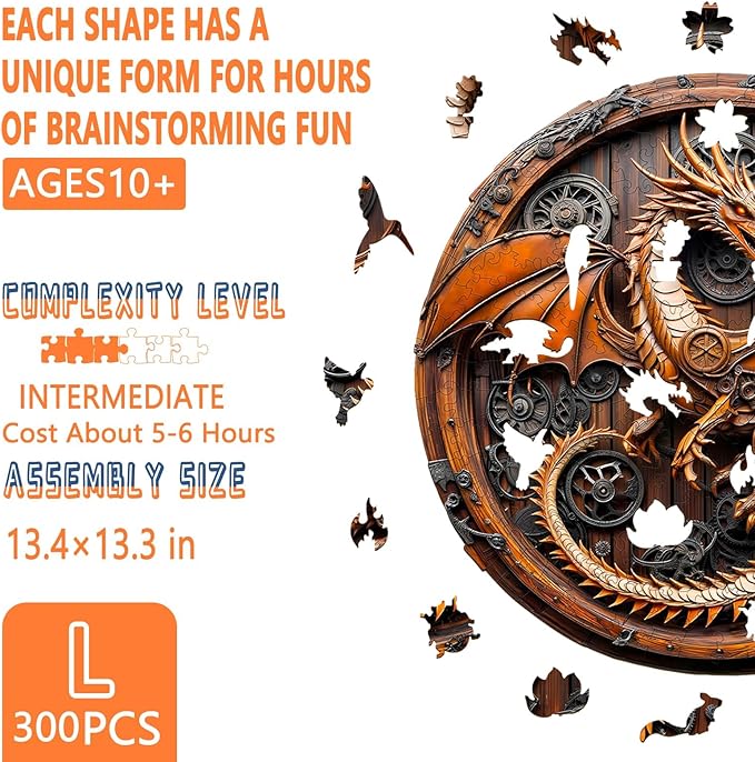 Wooden Puzzles for Adults, Mechanical Dragon Wooden Jigsaw Puzzles for Adults, Wood Puzzles Adult, Unique Animal Shape, Gifts for Friends and Family, Wall Art Canvas Puzzle (L -13.4*13.3in -300 pcs)
