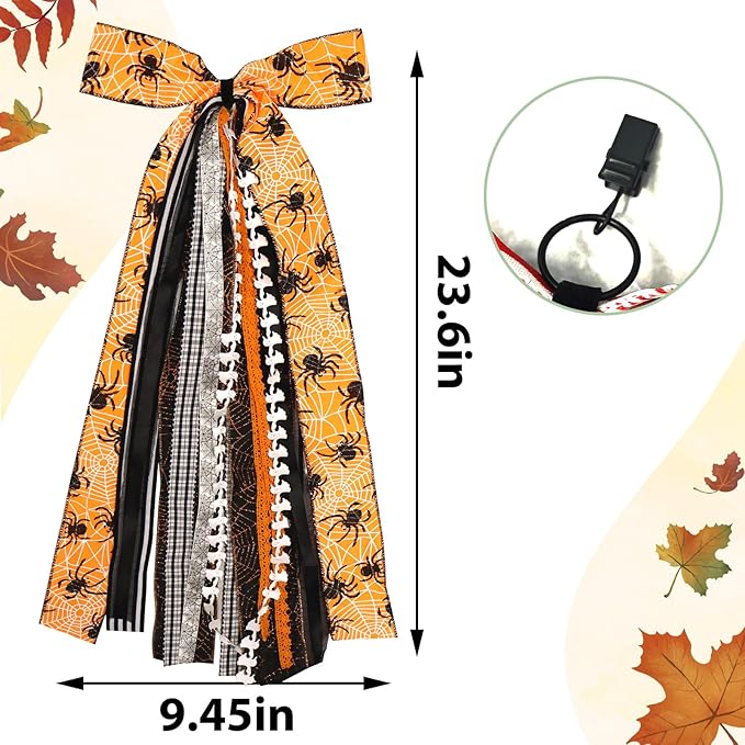 Large Halloween Ribbon Bow for Wreath, Orange Spider Web Fabric Ribbons Set Assorted Ribbons Black White Stripe Plaid Clip-On Wreath Sash Ribbon Bundle for Halloween Home Indoor Outdoor Decor