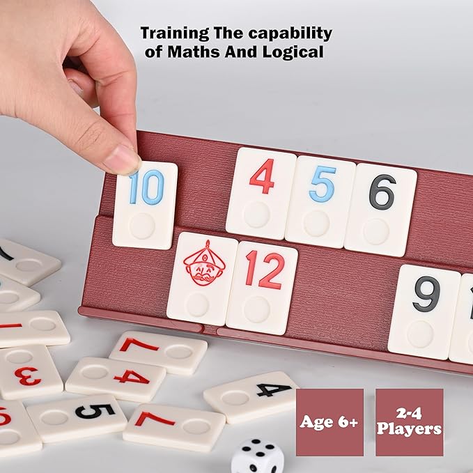 Doublefan Rummy Cube 4 Player Edition, 106 Rummy Cube Game Set with with 4 Plastic Racks in Portable Aluminum Case, Classic Board Game for Adults and Elderly.