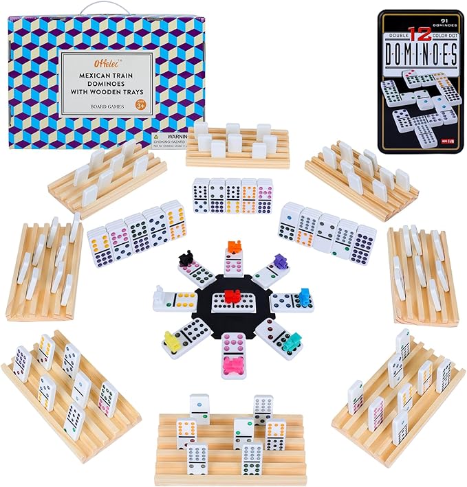 Mexican Train Dominoes Set with 8 Wooden Holders, Double 12 Dominoes Set for Adults, 91 Tiles Colored Dominos Set for Kids Family Night Board Games, Mexican Train Games for 2-8 Players