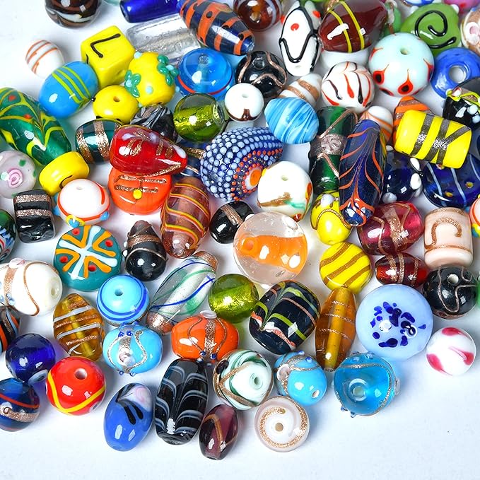 1 LB Bag of Assorted Glass Beads for Jewelry Making, Lampwork Murano Bead Mix for Bracelets and Necklaces, Crafting Beads Supplies Kit, Large & Small Beads (Assorted 200)