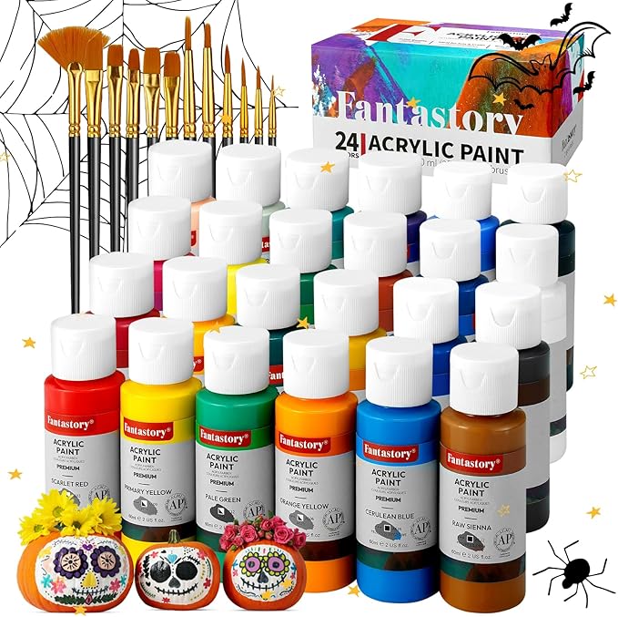 Fantastory Acrylic Paint Set, 24 x 60 ml with 12 Brushes; Christmas Acrylic Paint, Waterproof; For Artwork & DIY Projects on Canvas, Wood, Glass, Clay, Fabric, Ceramic, Paper, Canvas