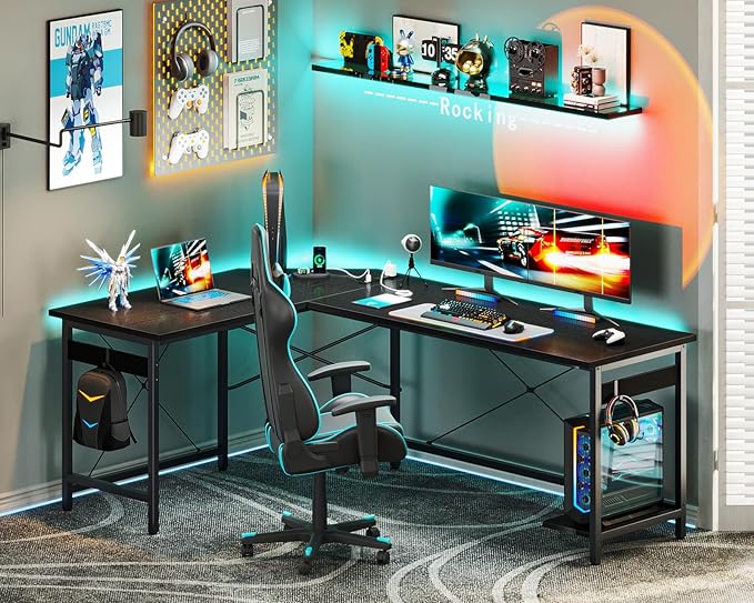 Coleshome 66" L Shaped Gaming Desk with Outlet, L Shaped Desk with CPU Stand, Corner Computer Desk, Home Office Desk, Writing Desk, Black