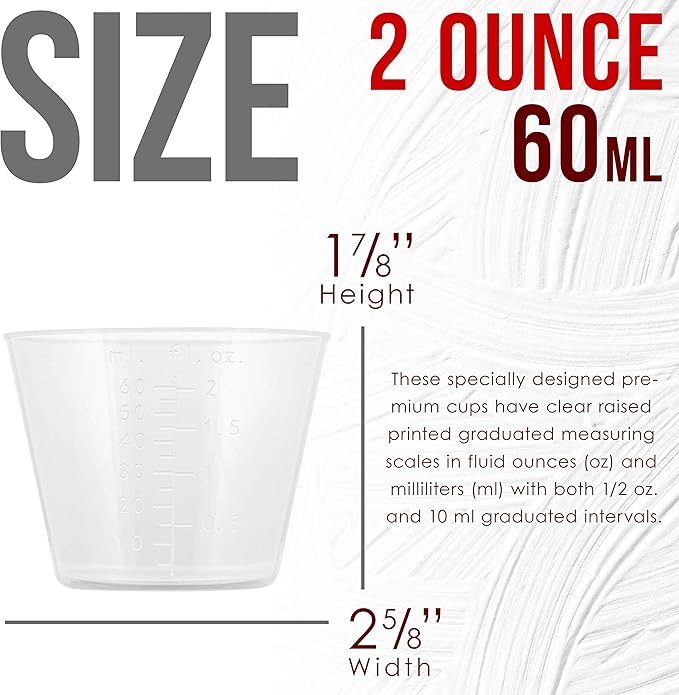 Pouring Masters 2 Oz (60 ml) Liquid Measuring Cups - Plastic Graduated Cup (100 Pack) with 25 Sticks - Reusable Mixing Cups for Paint, Craft, Kitchen, Lab, Medical Supplies, Epoxy Resin, Art