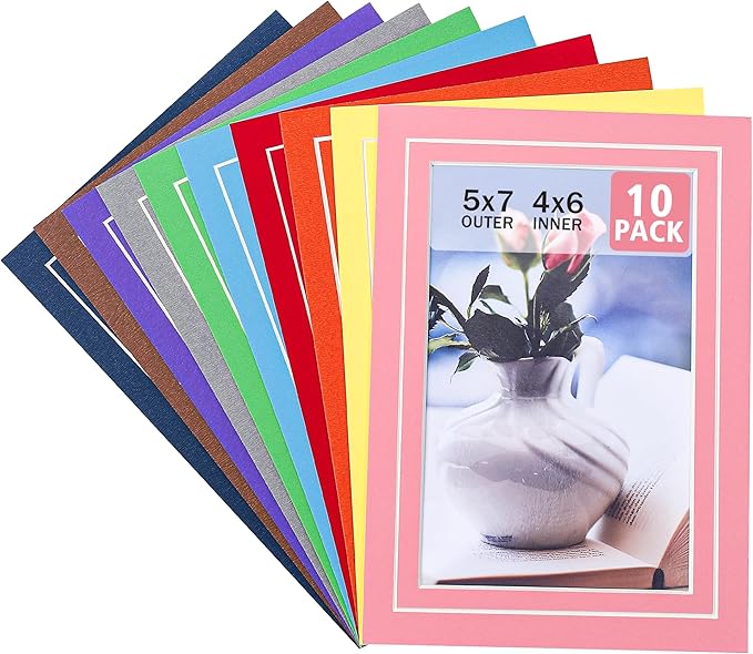 HOTUO 10 Pack 5x7 Colorful Picture Mats, 4 Ply Thickness Frame Mattes for 4x6 Photo, Photo Mat with Core Bevel Cut(Colorful with V-Groove)