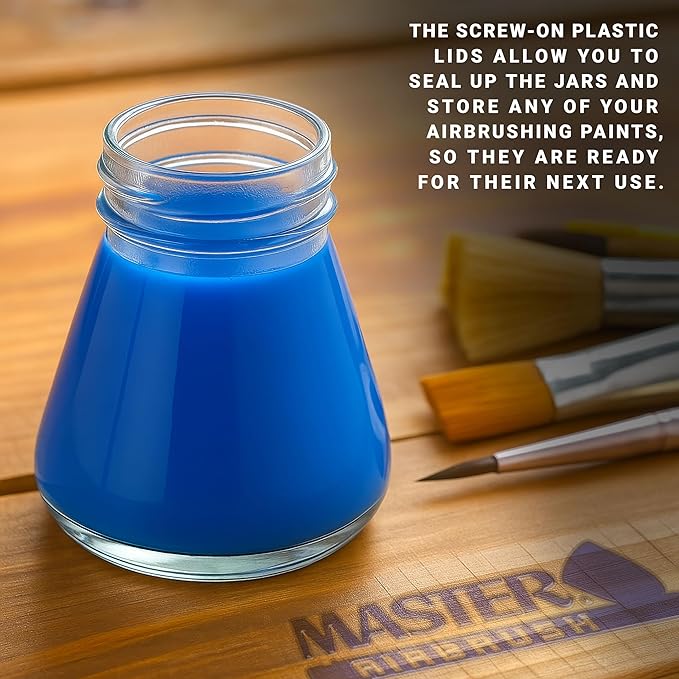 Master Airbrush (Pack of 10) TB-010 Empty 2.7-Ounce (80cc) Glass Jar Bottles with 30° Down Angle Adaptor Lid Assembly - Fits Dual-Action Siphon Feed Airbrushes, Use with Master, Badger, Paasche, Iwata