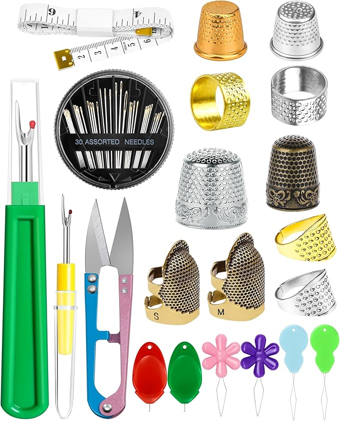 FIVEIZERO Thimble Kit– Sewing Thimbles for Hand Sewing, Metal Finger Protectors, Thimble Ring for Quilting, Includes Needle Threader, Embroidery Needles, Seam Ripper, Measuring Tape and Thread Snips