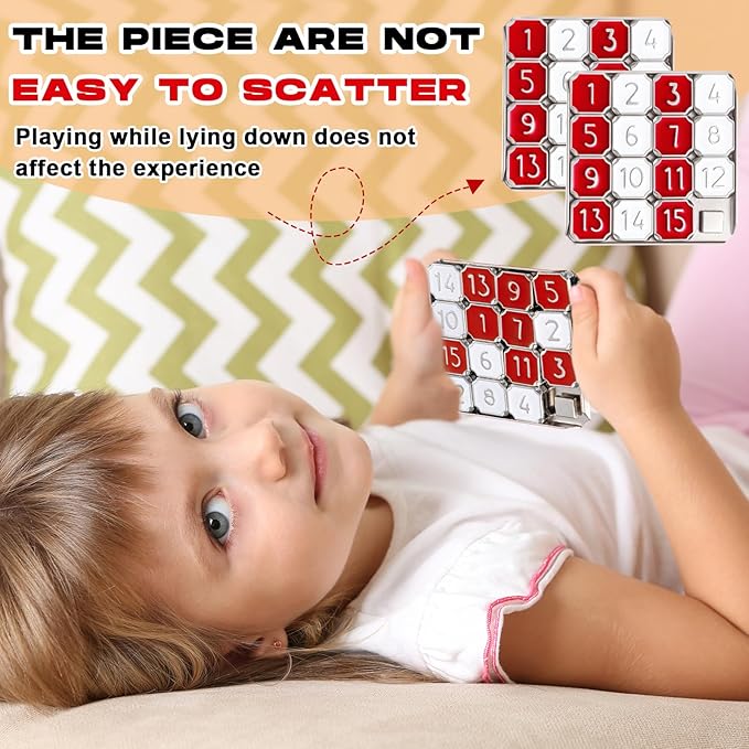 Metal Number Slide 15 Puzzle Red and White Number Sliding Puzzle Educational Pocket Funny IQ Game for Teens and Adults, Ideal for Learning Tool Party Favors(Red and White,1 Pack)