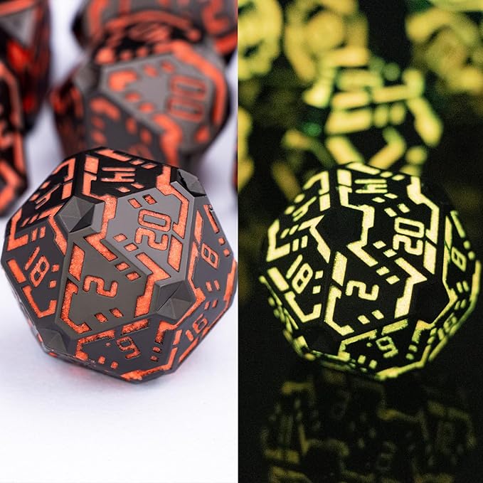 Metal DND Sci-fi Dice Set 7PCS Luminous Orange Stripe Polyhedral Dice for Dungeons Dragons RPG Role Playing Game, Glitter D and D Dice with Gift Box D6 D8 D10 D12 D20