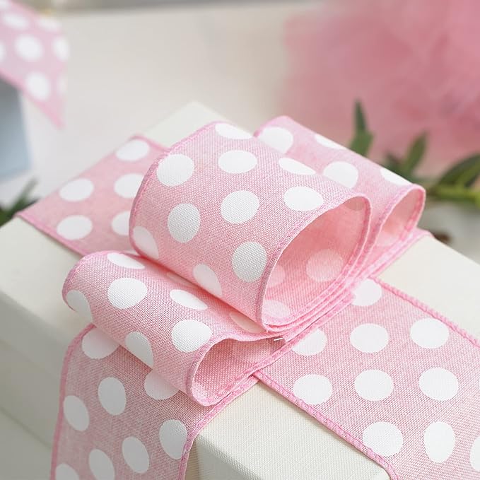 MEEDEE Pink Polka Dot Ribbon - 2.5 inch Wired Ribbon for Baby Girl Wreaths & Crafts, 10 Yards