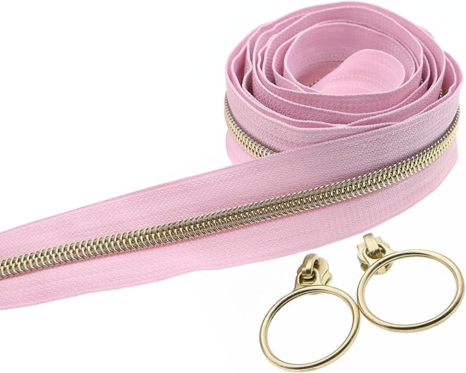 Leekayer #5 Gold Metallic Nylon Coil Zippers by The Yard Bulk 10 Yards Pink Zipper Tape with 25pcs Gold Ring Pull Sliders for DIY Sewing Tailor Craft Bag(Pink)