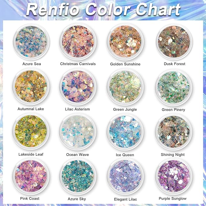Renfio Opal Chunky Glitter Set - 16 Dreamy Amber Colors, 10g Each - Holographic Fine Glitter Mix, Iridescent Flakes for Snow Globe, Tumbler, Nail Art & DIY Crafts