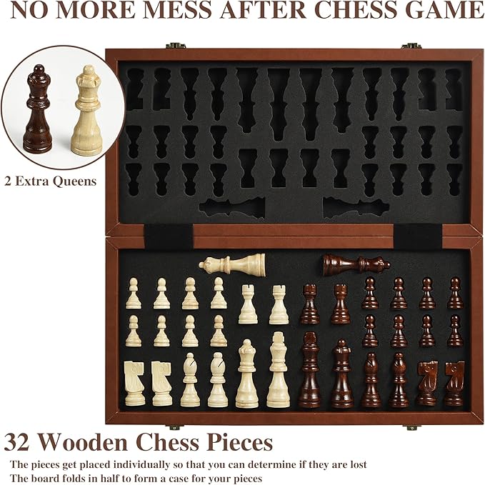 Magnetic Chess Set for Adult Kid, 15.4" Leather Chess Board with Handmade Chess Piece Including 2 Extra Queens and Storage Slot, Folding Portable Travel Chess Game for Beginner and Professional