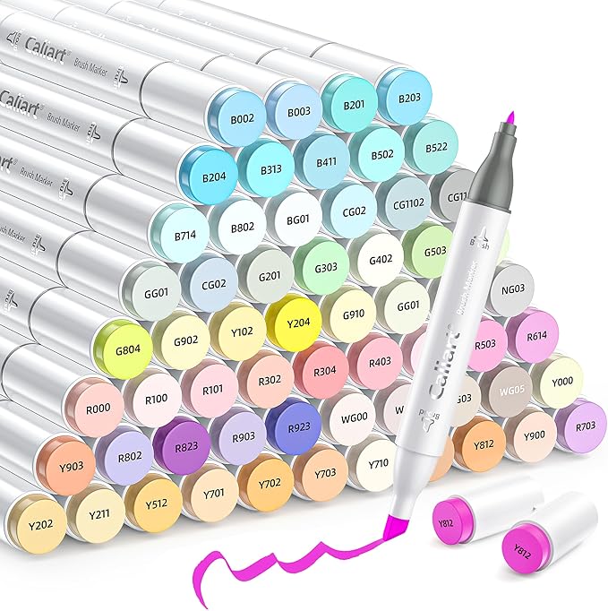 Caliart Pastel Markers, 61 Colors Dual Tip Art Markers Sketch Pens Permanent Alcohol Based, with Case for Adult Artist Halloween Drawing Sketching