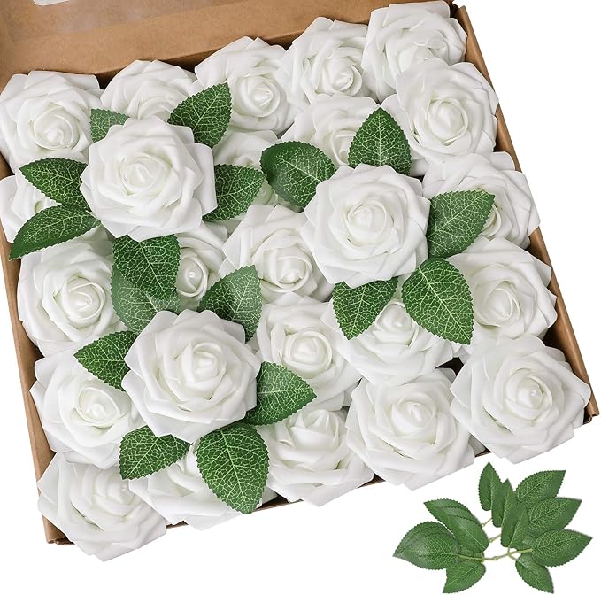 AmyHomie Artificial Flowers White Rose 100pcs Real Looking Fake Roses w/Stem for DIY Wedding Bouquets Centerpieces Arrangements Party Baby Shower Home Decorations