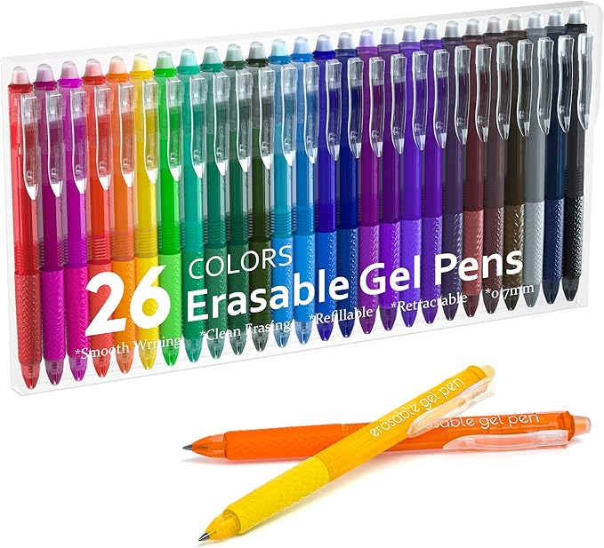 Erasable Gel Pens, 26 Colors Retractable Erasable Pens Clicker, Fine Point, Make Mistakes Disappear, Assorted Color Inks for Drawing Writing Planner and Crossword Puzzles