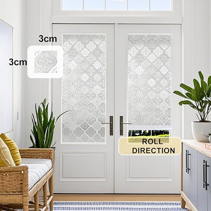 Window Privacy Film Decorative for Front Door, Bathroom Static Cling Stained Glass Sticker Opaque Heat Control UV Blocking Non-Adhesive for Home Windows 35.4 X 118.1 inches