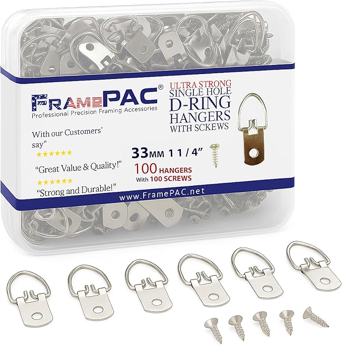 D Ring Picture Hangers with Screws - 100 Pack - Bulk D Rings - Pro Quality Hangers - Picture Hanging Solutions