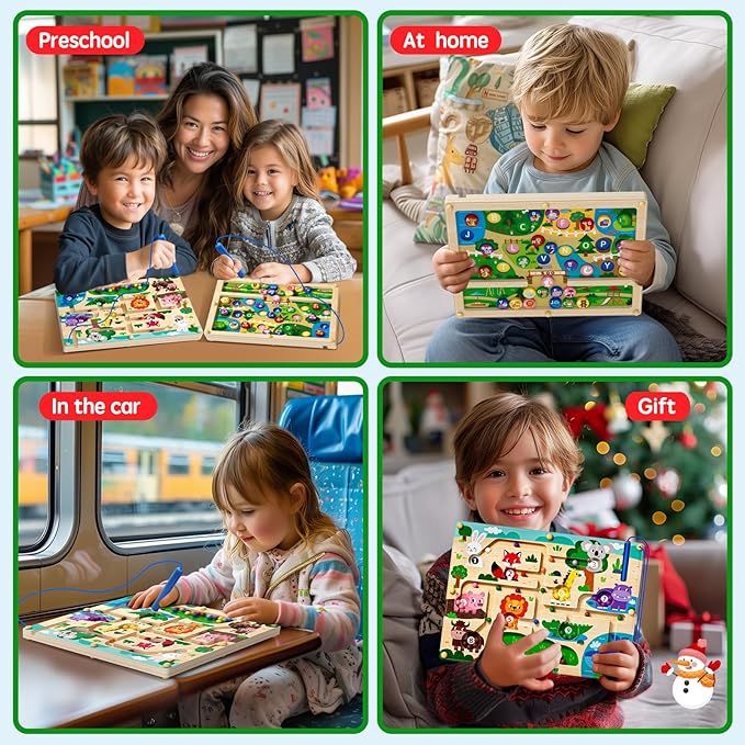 2 in 1 Magnetic Color and Number Maze Magnet Alphabet Counting Double Sided Board Wood Puzzle Fine Motor Skills Montessori Preschool Toys Gifts for Boys and Girls 3-5 Age (Zoo, One Size)