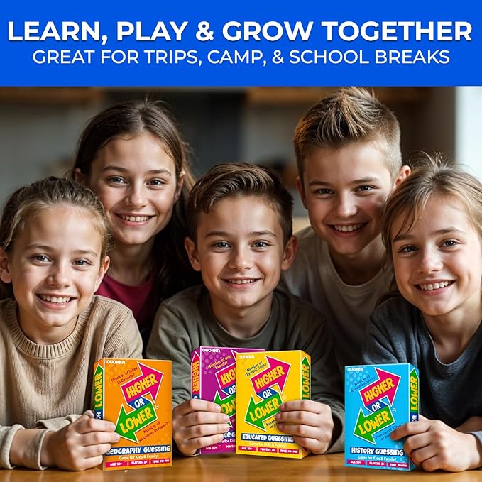 QUOKKA Trivia Board Games for Kids and Adults - Version V2.0 - Family Night Board Game 4xSet Higher or Lower Trivia Cards | Guess Fun Questions | 2 + Players - Challenge Your General Knowledge