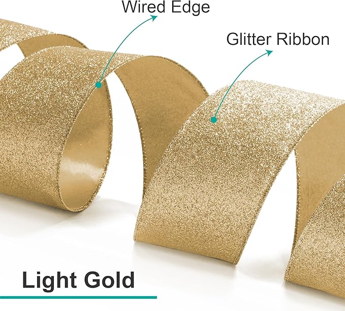 CT CRAFT LLC Glitter Wired Ribbon 2.5" x 20 Yards Light Gold for Christmas Home Decor Bow Gift Wrapping DIY Crafts Wreath