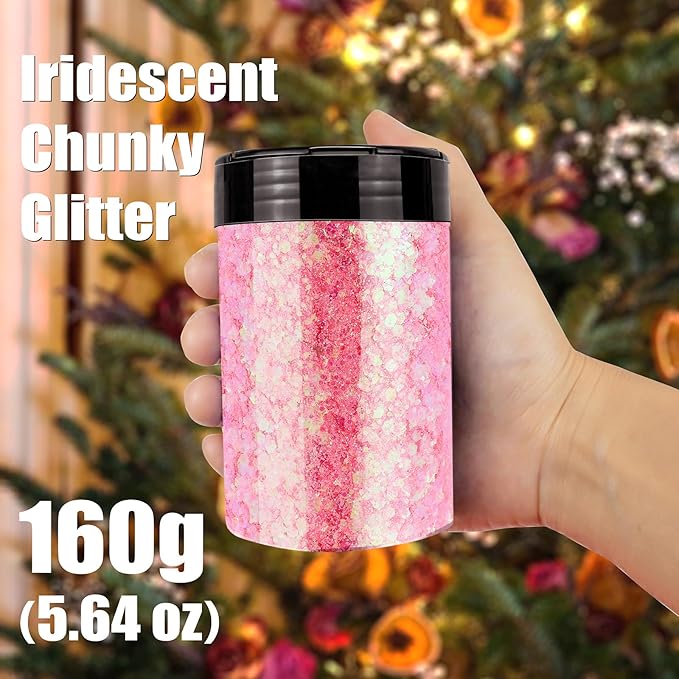 Iridescent Chunky Glitter 5.64oz/160g, Ultra Fine Glitter Powder Mixed Chunky PET Flakes Sequins for Resin Epoxy Craft Arts, Tumbler, Cosmetic Glitter for Body Nail Hair Eye Party Festiva (Disco Pink)