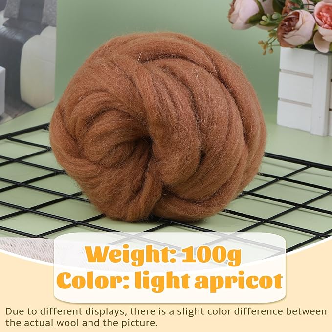 3.53oz Wool Roving Yarn, Fiber Roving Wool Top, Pure Wools, Chunky Yarn, Spinning Wool Roving for Needle Felting Wet Felting DIY Hand Spinning (Wood Brown)