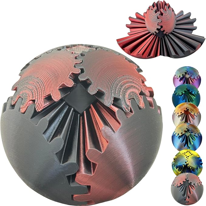 Gear Ball 3D Printed Spin Cube Fidget Toy, Sphere Stress Toy, GearSphere Desk Toy for Anxiety Relaxing (Laser Dark Red)
