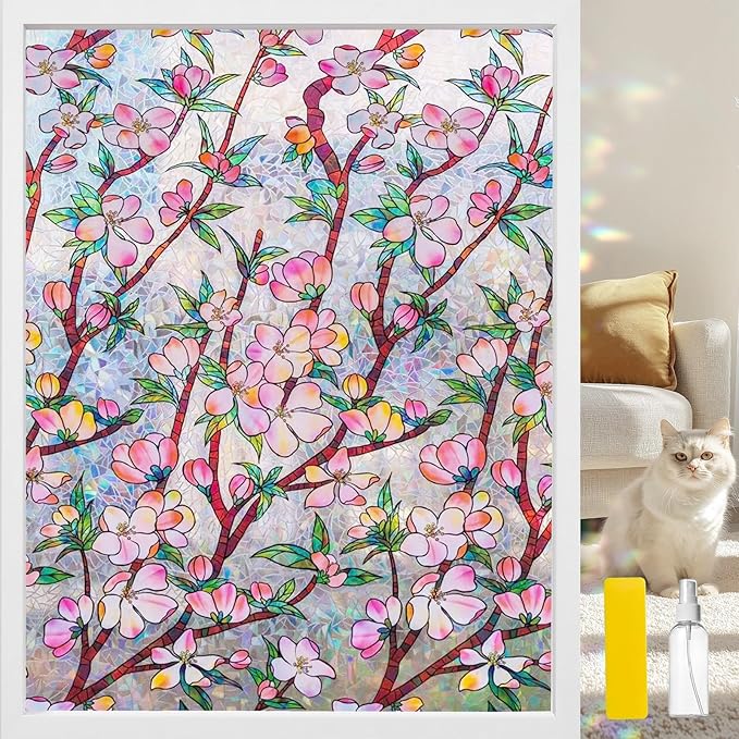 Window Privacy Film Rainbow Film Stained Glass 3D Static Cling Decorative Window Sticker for Bathroom,Front Door,Home Heat Control UV Blocking Non Adhesive,Peach Blossom 23.6 x 78.7inches