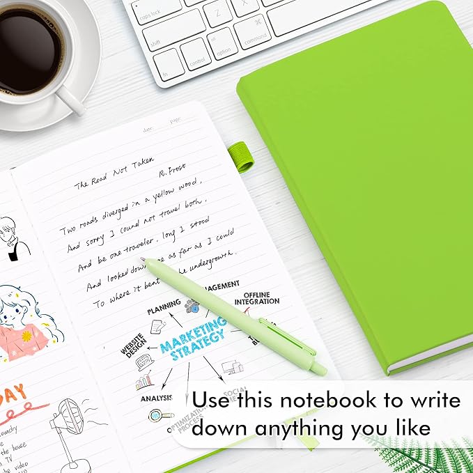 feela 5 Pack Notebooks Journals Bulk, Hardcover Notebook Classic Ruled Lined Journals with Pen Holder for Women Girls School Business Supplies, with 5 Black Pens, 120 GSM, 5.1”x8.3”, A5, Green