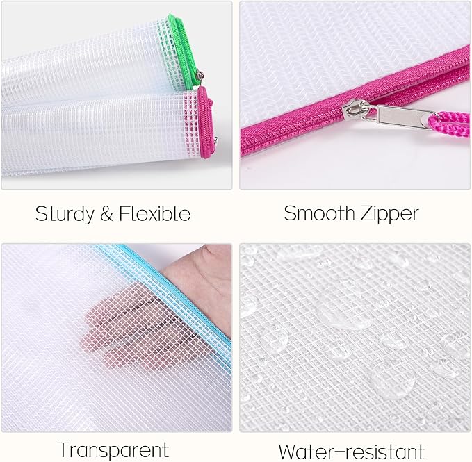 Sooez 24 Pack Mesh Zipper Pouch with Sticky Labels, A4 Mesh Bags for Board Game Puzzles Organization Storage, Durable Letter Size File Folders Organizer for Teacher School Classroom Office Supplies