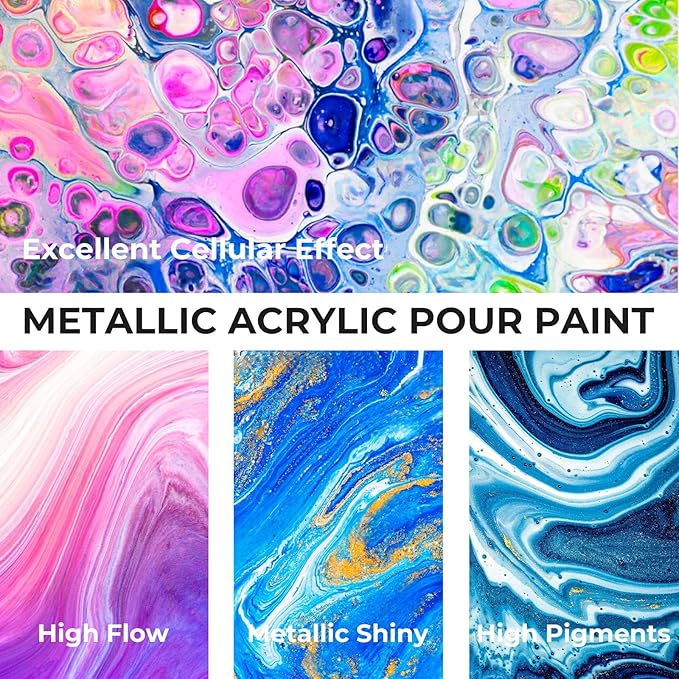 Nicpro 18 Colors 8.45oz Metallic Acrylic Pour Paint Supplies Kit, Large Volume Ready to Pour Premixed High Flow Pouring Paint Set with Silicone Pouring Oil, Gloves, Instructions for Beginner DIY