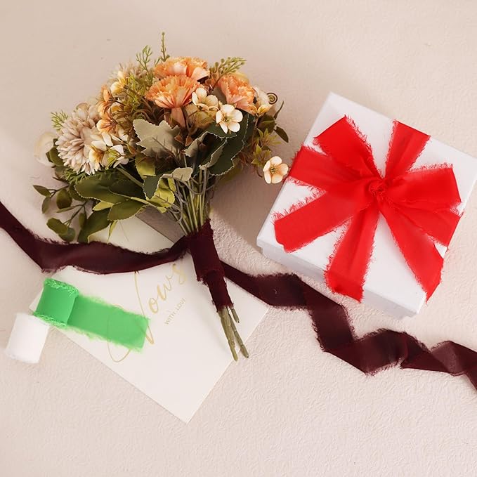 TONIFUL 4 Rolls Silk Chiffon Ribbon 1-1/2 Inch x 22 Yards, Bright Red and Green Handmade Fringe Silk Ribbon Set for Gift Wrapping Flowral Bouquets Crafts Christmas Wreath Elf-Themed Party Decoration