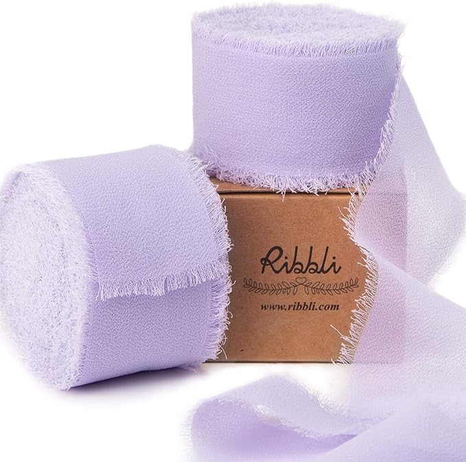 Ribbli Lavender Chiffon Silk Ribbon, 1-1/2 inch x 20 Yard, Handmade Fringe, Light Purple for Wedding Invitations, Bridal Bouquets, Flower Arrangement Decoration