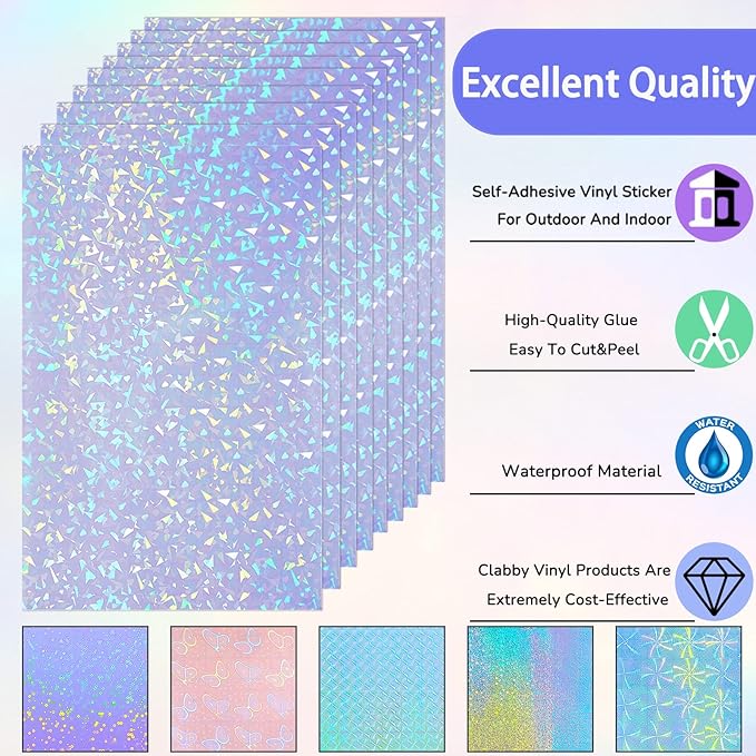 36 Sheets Holographic Sticker Paper Clear A4 Vinyl Sticker Paper Self Adhesive Waterproof Transparent Film Gem Rainbow Star Patterns, 11.7 x 8.3 Inch (Gem,Dot,Butterfly,Grid,Sand Star,Wind Mill)