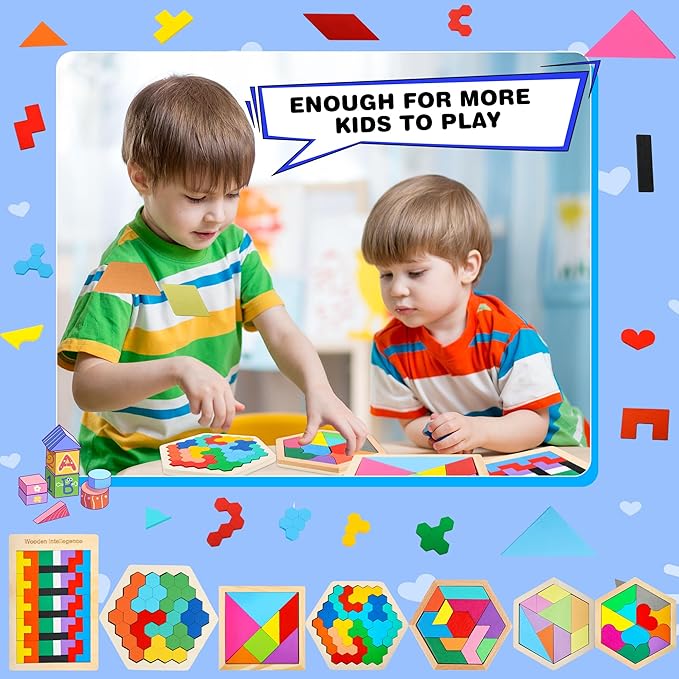 7 Pack Wooden Tangrams Puzzle Set Wooden Hexagon Puzzles Wood Russian Blocks Geometric Block Brain Teaser for Kids Adults 3D Logic Intelligence IQ Game Gift