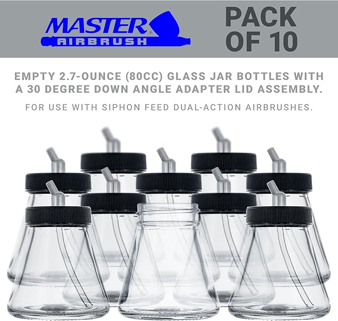 Master Airbrush (Pack of 10) TB-010 Empty 2.7-Ounce (80cc) Glass Jar Bottles with 30° Down Angle Adaptor Lid Assembly - Fits Dual-Action Siphon Feed Airbrushes, Use with Master, Badger, Paasche, Iwata
