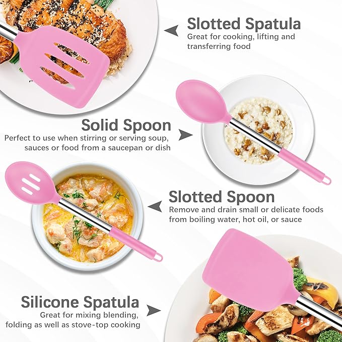 Silicone Spatula Spoon Set, 4 PCS Silicone Cooking Utensils Spatula Spoon Set with Stainless Steel Handle, BPA Free Kitchen Turners for Frying, Mixing, Serving, Draining, Turning, Stirring, Pink