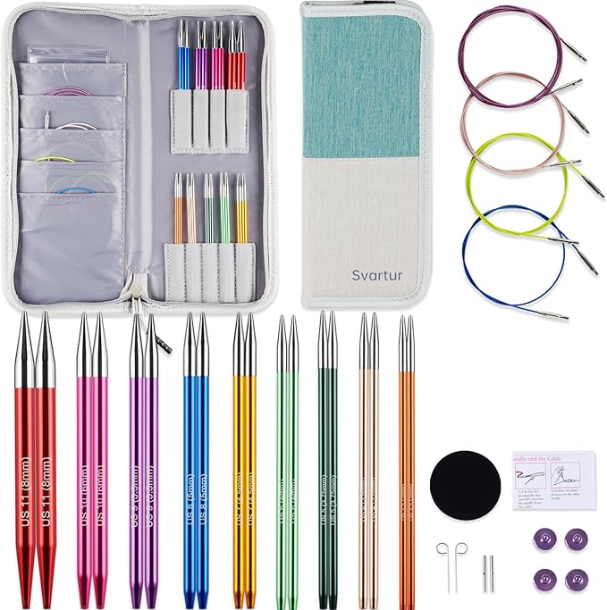 Svartur Interchangeable Circular Knitting Needles Set, with Multicolored Circular Knitting Needles and Cables, Accessories and Knitting Needle Storage Case, 9 Pairs