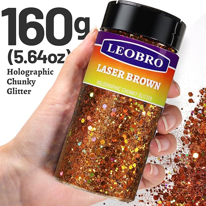 LEOBRO Brown Glitter, 160G/5.64OZ Holographic Chunky Glitter for Crafts, Resin, Body Nail Face Hair, DIY Decorations