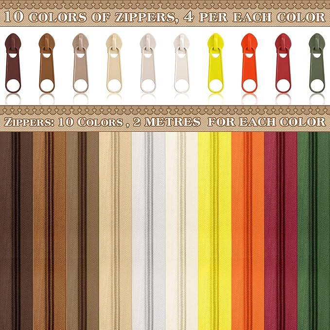 DOITEM 22.2 Yards/ 20 m 10 Pcs Assorted Colors #5 Nylon Coil Zippers, Sewing Zippers Endless Zips with 40 Pieces Zipper Sliders for DIY Sewing Tailor Craft Supplies